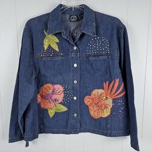Lighthouse Apparel Denim Jacket Floral Appliqués Sequins Tropical Coastal XL